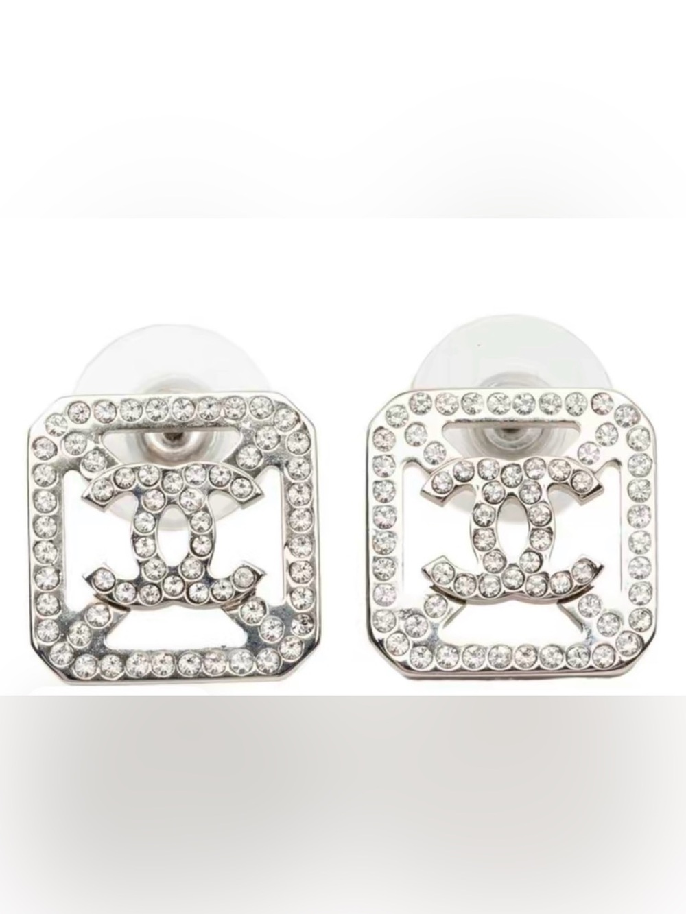 CHANEL Silver Crystal CC Logo Square Stud Earrings